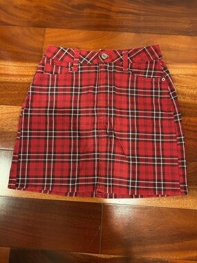 Red Plaid Jean Skirt